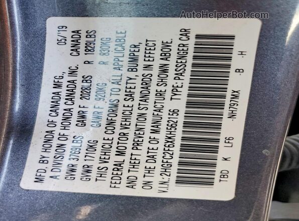 2HGFC2F6XKH562156 2019 HONDA CIVIC Charcoal Widok naklejki z numerem VIN