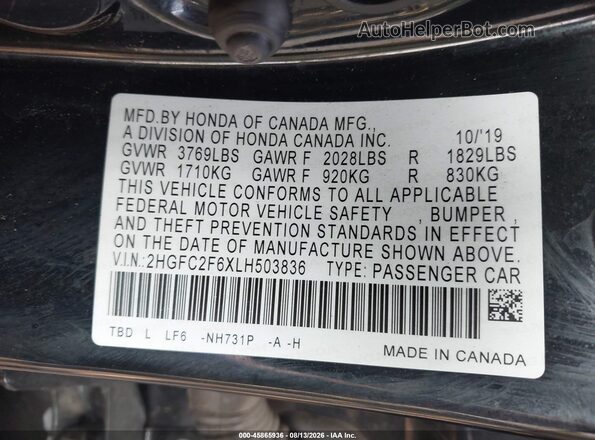 2HGFC2F6XLH503836 2020 HONDA CIVIC Black Widok komory silnika