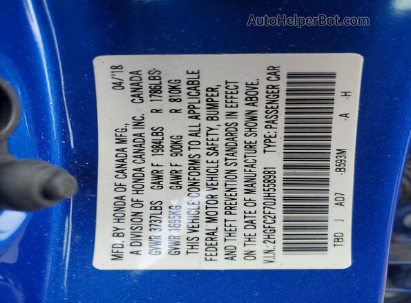 2HGFC2F70JH558981 2018 HONDA CIVIC Blue VIN კოდის სტიკერის ხედი
