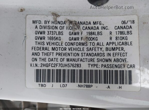 2HGFC2F70JH576283 2018 HONDA CIVIC White Вид підкапотного простору