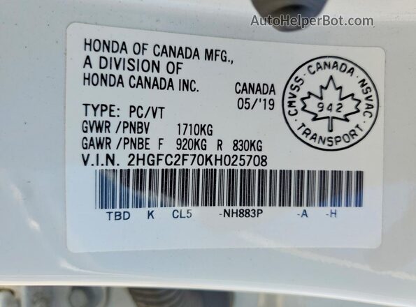 2HGFC2F70KH025708 2019 HONDA CIVIC White Engine compartment view