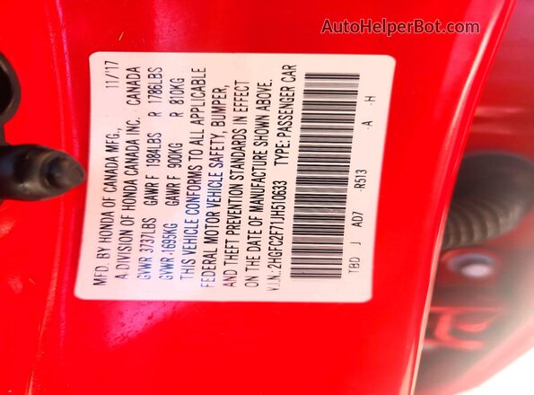 2HGFC2F71JH510633 2018 HONDA CIVIC Red VIN sticker view