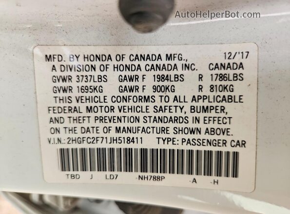 2HGFC2F71JH518411 2018 HONDA CIVIC White Вид підкапотного простору