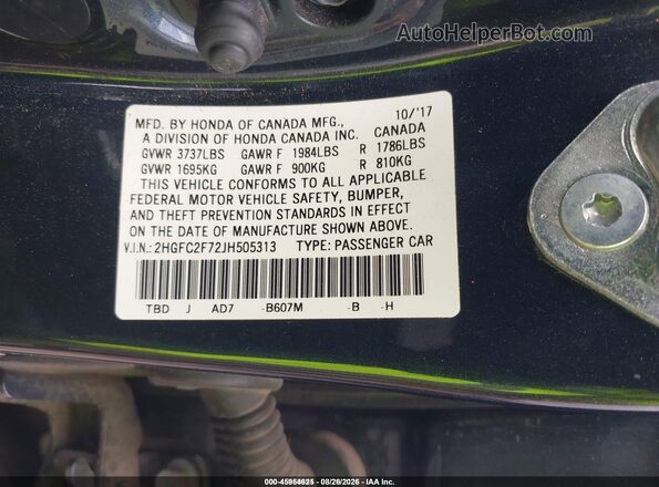 2HGFC2F72JH505313 2018 HONDA CIVIC Blue Շարժիչի բաժամունքի տեսք