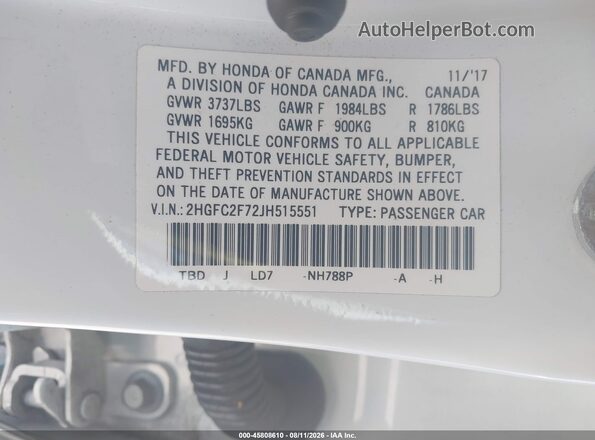 2HGFC2F72JH515551 2018 HONDA CIVIC White Engine compartment view