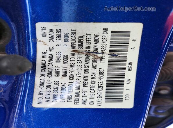 2HGFC2F72JH600857 2018 HONDA CIVIC Blue Շարժիչի բաժամունքի տեսք