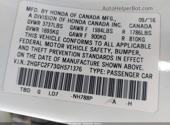 2HGFC2F73GH571376 2016 HONDA CIVIC White Շարժիչի բաժամունքի տեսք
