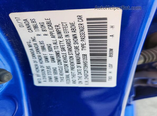 2HGFC2F73HH513558 2017 HONDA CIVIC Blue VIN sticker view