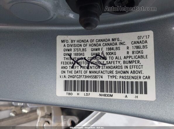 2HGFC2F73HH558774 2017 HONDA CIVIC Серебряный Вид подкапотного пространства