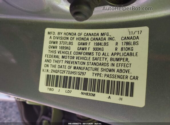 2HGFC2F73JH515297 2018 HONDA CIVIC Silver Շարժիչի բաժամունքի տեսք