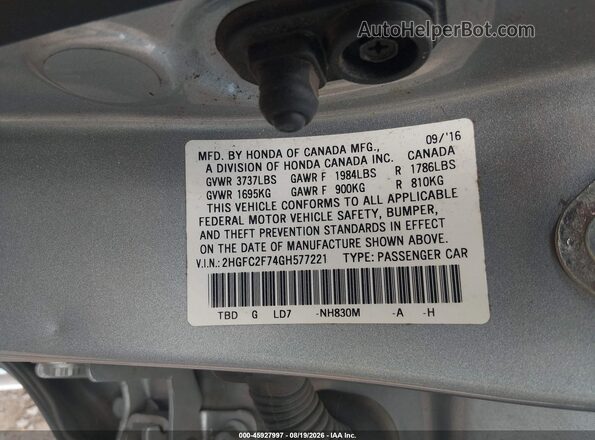 2HGFC2F74GH577221 2016 HONDA CIVIC Gray Widok komory silnika
