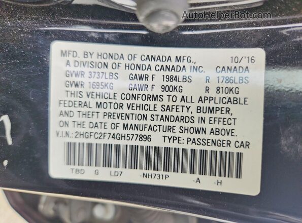 2HGFC2F74GH577896 2016 HONDA CIVIC Black 