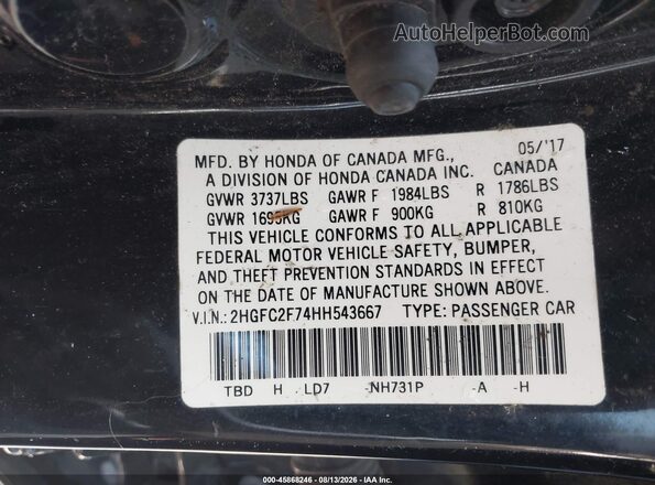 2HGFC2F74HH543667 2017 HONDA CIVIC Черный Вид подкапотного пространства
