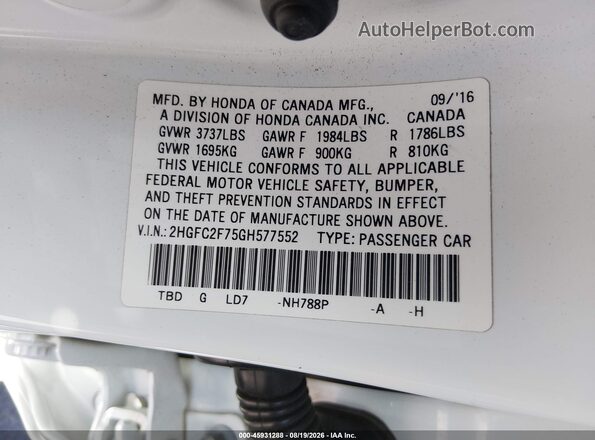 2HGFC2F75GH577552 2016 HONDA CIVIC White Вид підкапотного простору