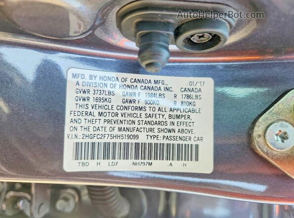 2HGFC2F75HH519099 2017 HONDA CIVIC Gray Engine compartment view