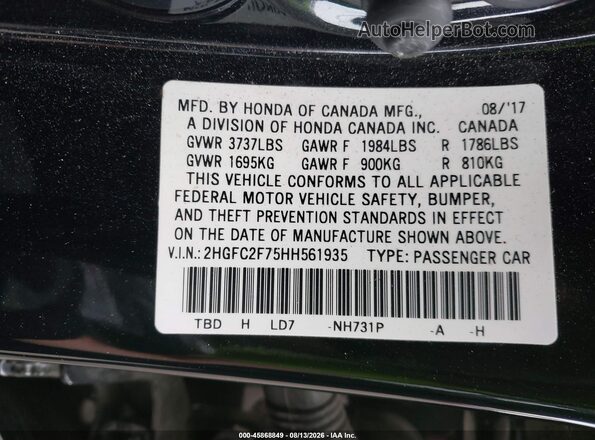 2HGFC2F75HH561935 2017 HONDA CIVIC Black Widok komory silnika