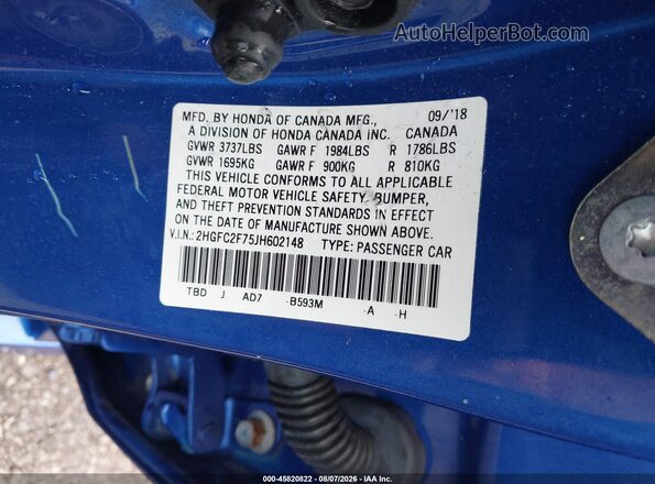 2HGFC2F75JH602148 2018 HONDA CIVIC Blue Widok komory silnika