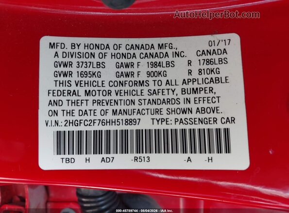 2HGFC2F76HH518897 2017 HONDA CIVIC Red Vista del compartimento del motor