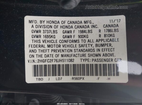 2HGFC2F76JH511082 2018 HONDA CIVIC Black ძრავის განყოფილების ხედი