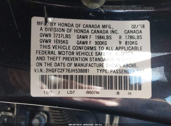 2HGFC2F76JH538881 2018 HONDA CIVIC Navy Вид подкапотного пространства