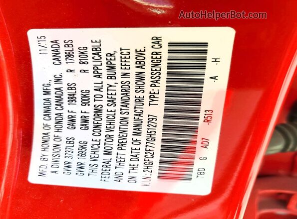2HGFC2F77GH512797 2016 HONDA CIVIC Red Engine compartment view