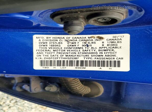 2HGFC2F77HH525387 2017 HONDA CIVIC Blue Widok naklejki z numerem VIN
