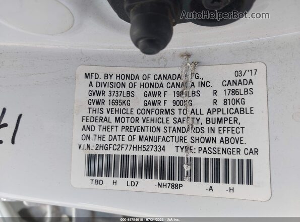 2HGFC2F77HH527334 2017 HONDA CIVIC White Вид підкапотного простору