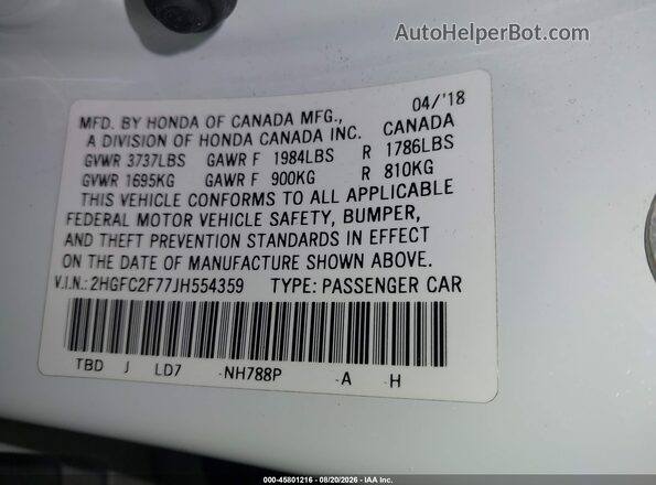 2HGFC2F77JH554359 2018 HONDA CIVIC White Widok komory silnika