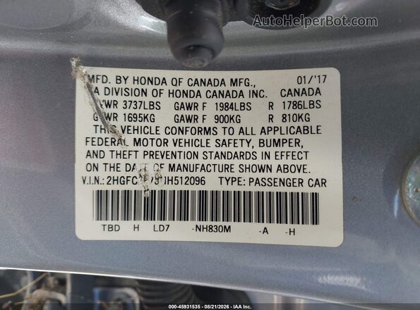 2HGFC2F78HH512096 2017 HONDA CIVIC Silver Widok komory silnika