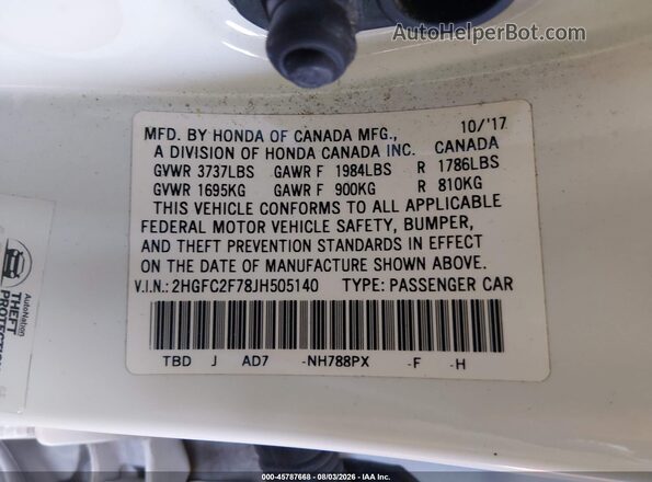 2HGFC2F78JH505140 2018 HONDA CIVIC White Vista del compartimento del motor