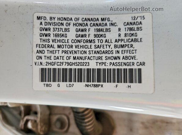 2HGFC2F79GH520223 2016 HONDA CIVIC White Engine compartment view