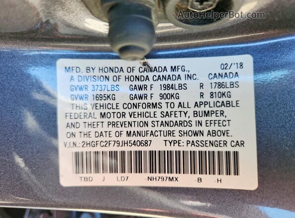 2HGFC2F79JH540687 2018 HONDA CIVIC Gray Engine compartment view