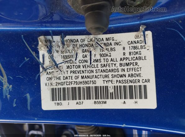2HGFC2F79JH590750 2018 HONDA CIVIC Blue Engine compartment view