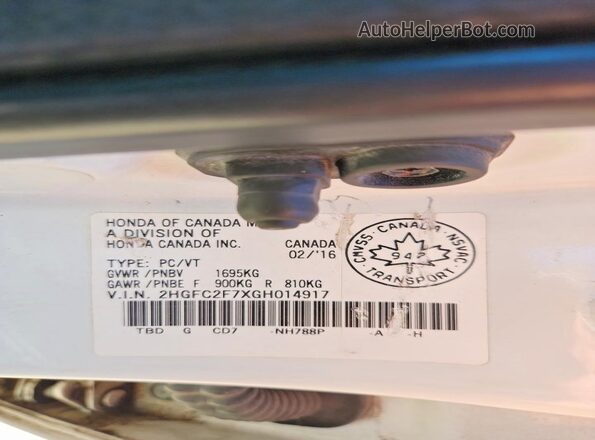 2HGFC2F7XGH014917 2016 HONDA CIVIC White Vista del compartimento del motor