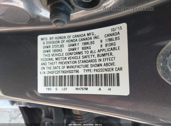 2HGFC2F7XGH502796 2016 HONDA CIVIC Gray VIN կոդի պիտակի տեսք