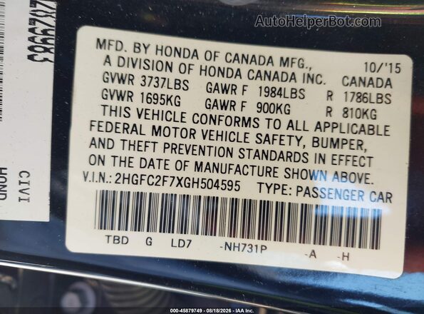 2HGFC2F7XGH504595 2016 HONDA CIVIC Black Engine compartment view