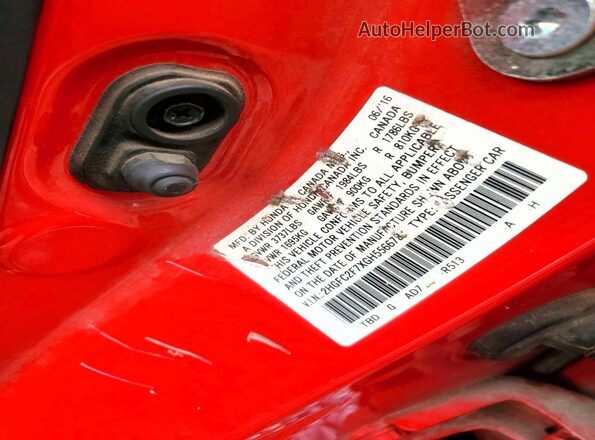 2HGFC2F7XGH556678 2016 HONDA CIVIC Red VIN კოდის სტიკერის ხედი