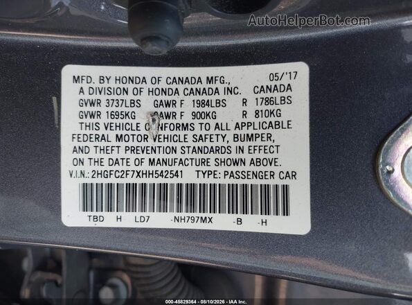 2HGFC2F7XHH542541 2017 HONDA CIVIC Gray Շարժիչի բաժամունքի տեսք