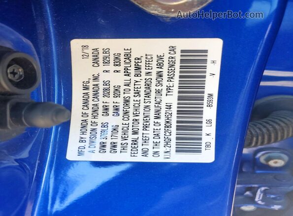 2HGFC2F80KH521441 2019 HONDA CIVIC Blue ძრავის განყოფილების ხედი