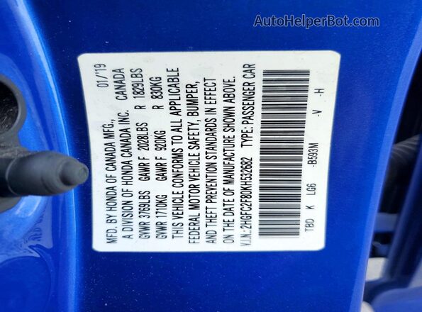 2HGFC2F80KH532682 2019 HONDA CIVIC Blue VIN կոդի պիտակի տեսք