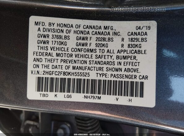2HGFC2F80KH555525 2019 HONDA CIVIC Gray Vista del compartimento del motor
