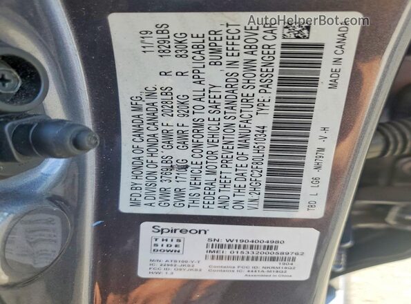 2HGFC2F80LH510344 2020 HONDA CIVIC Угольный Вид наклейки с VIN-кодом