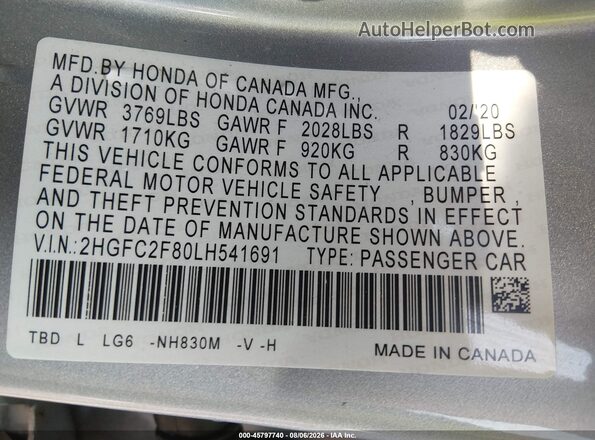 2HGFC2F80LH541691 2020 HONDA CIVIC Silver ძრავის განყოფილების ხედი
