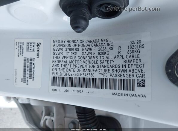 2HGFC2F80LH543750 2020 HONDA CIVIC White Widok komory silnika