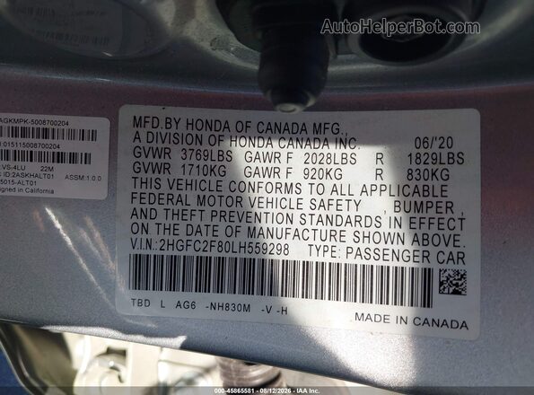 2HGFC2F80LH559298 2020 HONDA CIVIC Silver Vista del compartimento del motor