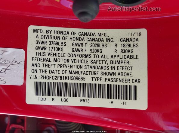 2HGFC2F81KH508665 2019 HONDA CIVIC Red ძრავის განყოფილების ხედი