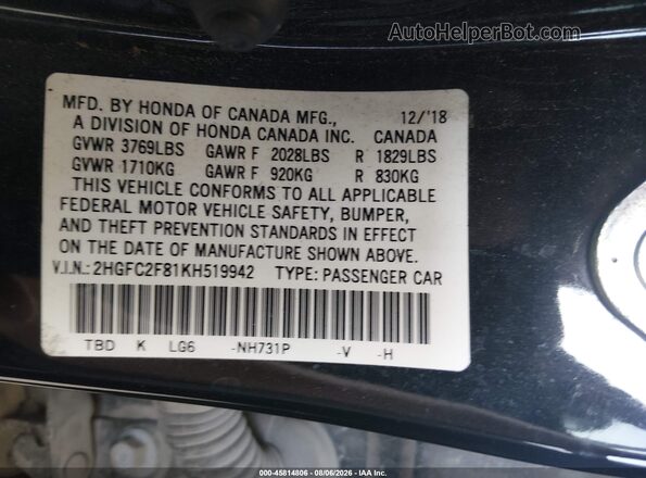 2HGFC2F81KH519942 2019 HONDA CIVIC Black Engine compartment view