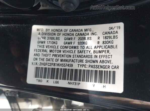 2HGFC2F81KH557459 2019 HONDA CIVIC Black Widok komory silnika
