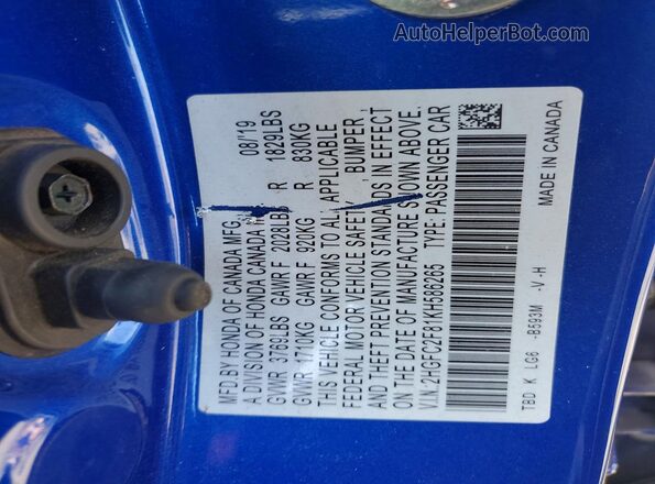 2HGFC2F81KH586265 2019 HONDA CIVIC Blue ძრავის განყოფილების ხედი