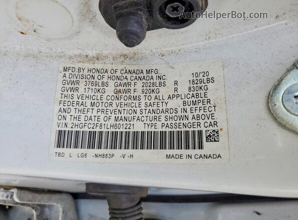 2HGFC2F81LH601221 2020 HONDA CIVIC Белый Вид подкапотного пространства